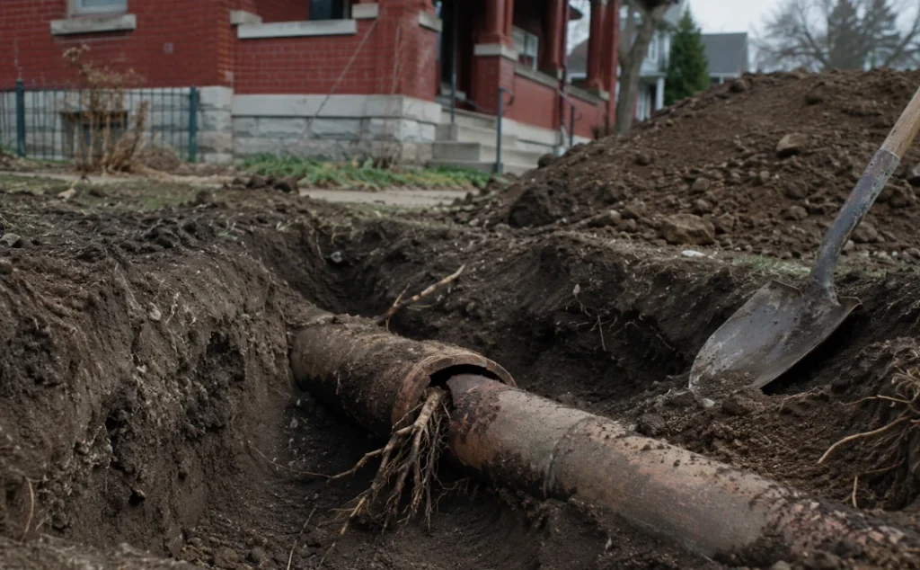 Excavated sewer lateral trench in a Hamilton yard showing old clay pipe during a drain repair