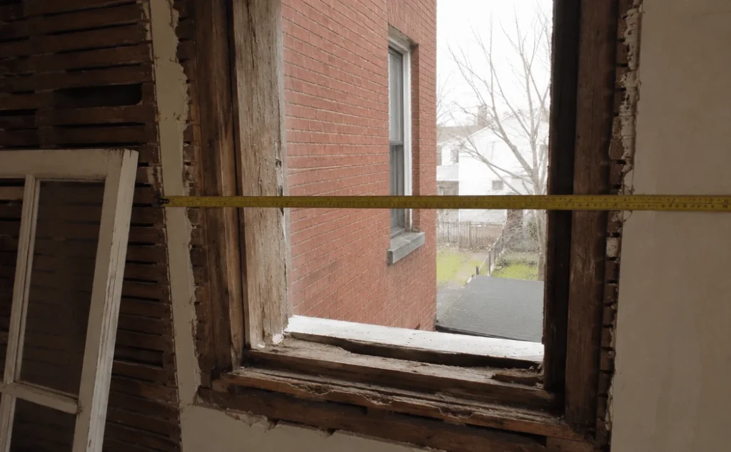 Measuring a rough window opening in a Hamilton century home before ordering a custom replacement