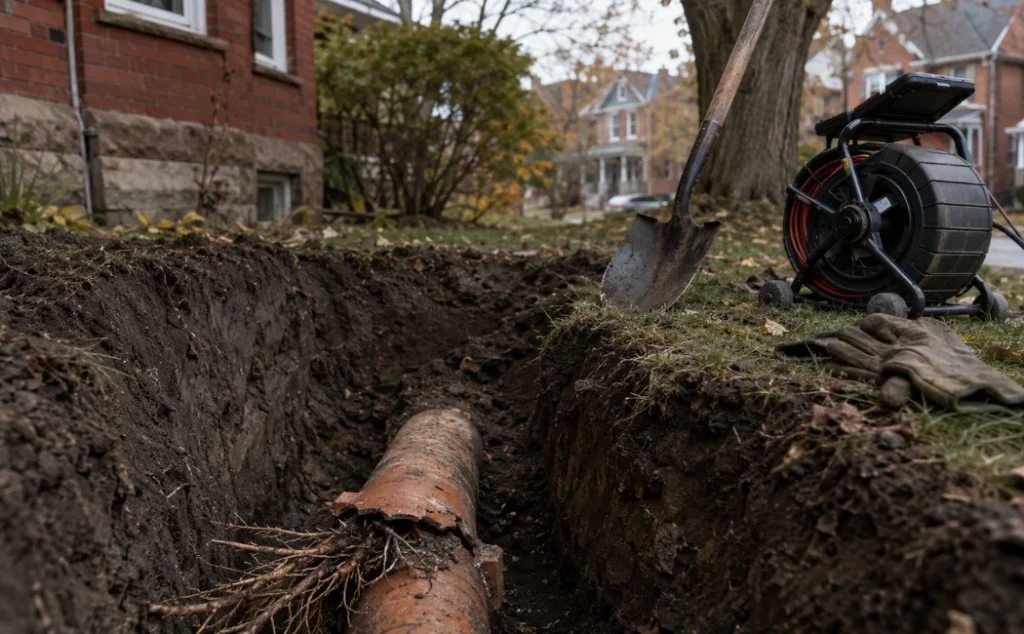 Excavated clay sewer pipe with tree root intrusion at a joint, typical drain repair in an older Hamilton home